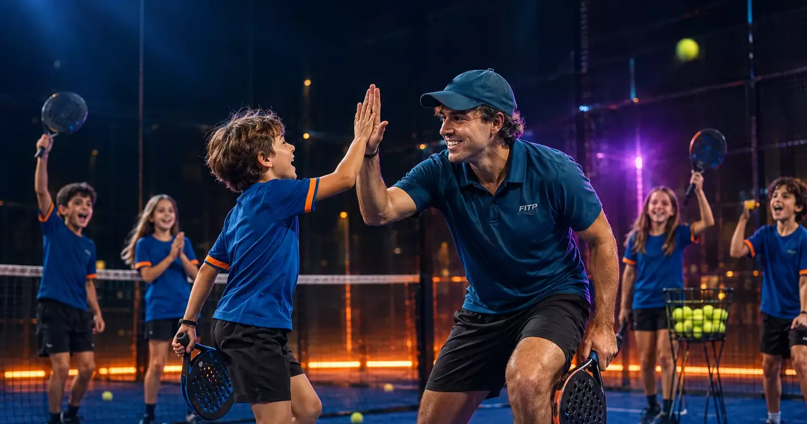 Un maestro di padel batte il cinque a un bambino durante una lezione della scuola padel, mentre gli altri allievi esultano