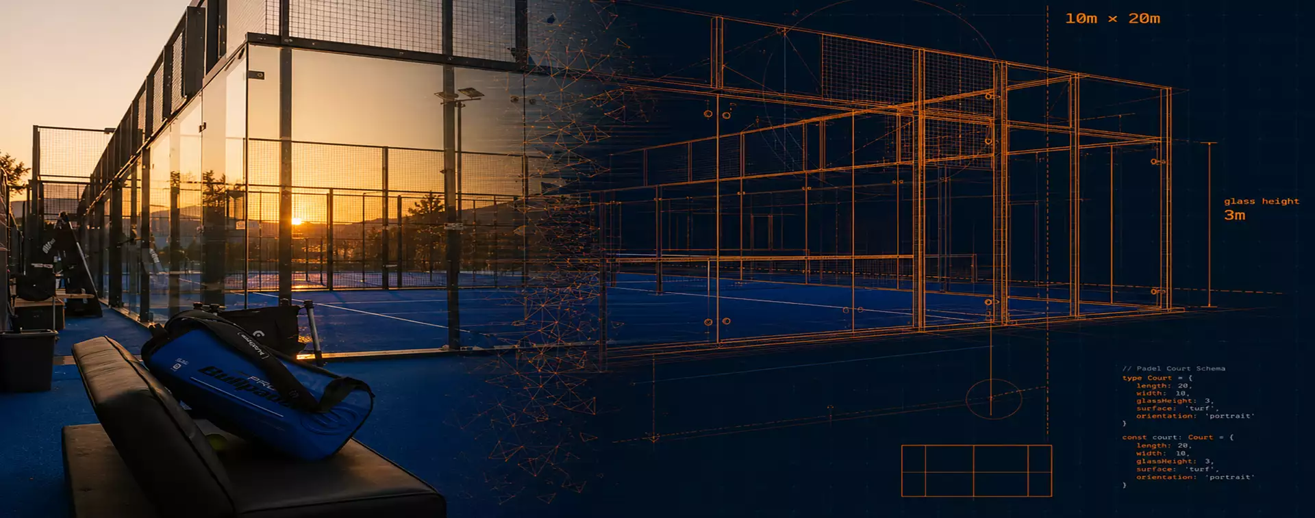 Campo padel al tramonto che si trasforma in blueprint tecnico arancione con codice TypeScript: la transizione visuale Dal campo al codice del founder PallaGialla