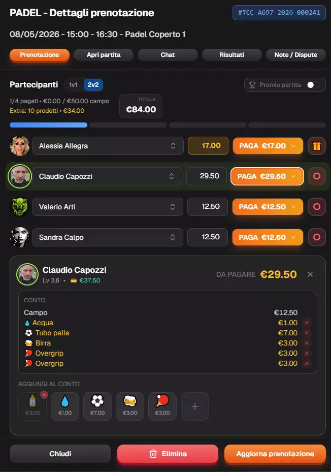 Screenshot dettagli prenotazione padel del gestionale PallaGialla: 4 giocatori con foto profilo, ognuno con il proprio importo da pagare diverso (17€, 29.50€, 12.50€, 12.50€), conto dettagliato per giocatore con campo ed extra, pulsanti pagamento arancioni