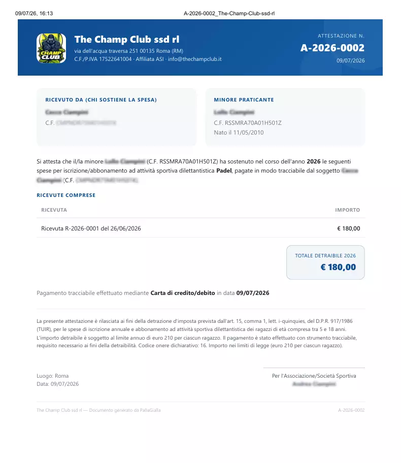 Attestazione annuale detrazione 730 generata da PallaGialla — intestazione associazione, pagatore, minore praticante, ricevute comprese, totale detraibile, riferimento art. 15 TUIR