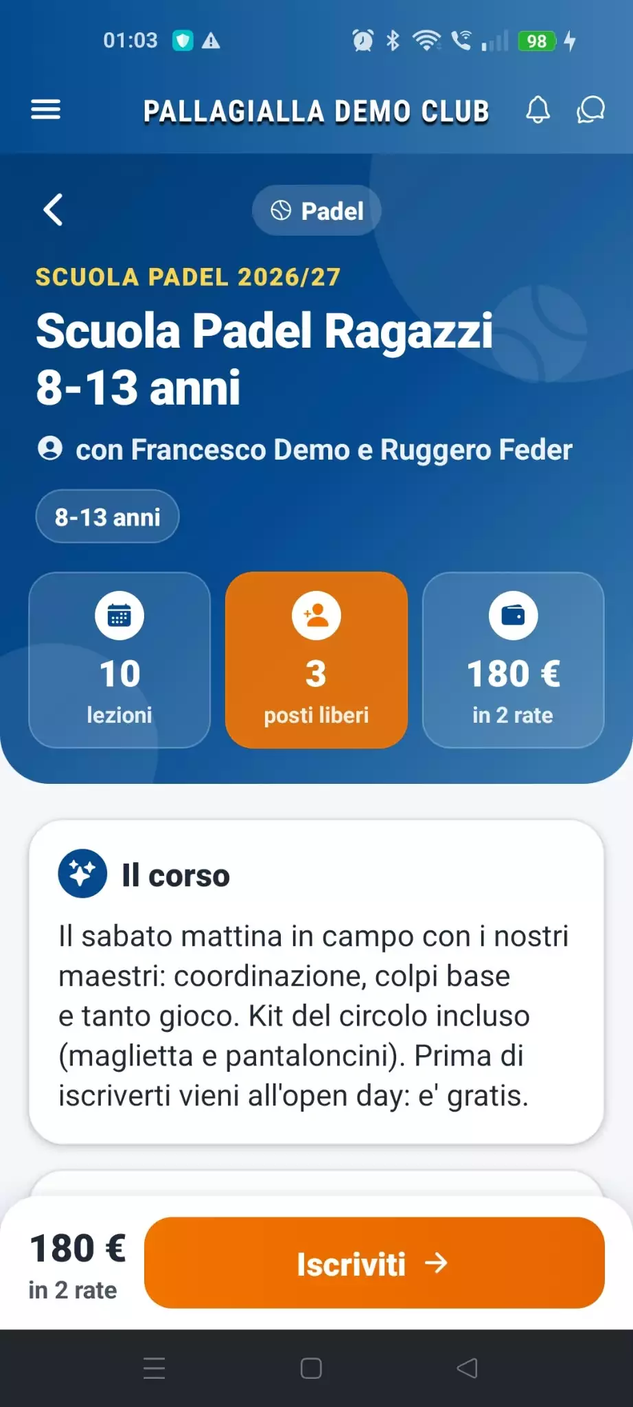 Pagina del corso nell'app: 10 lezioni, 3 posti liberi, 180 euro in 2 rate, descrizione e bottone Iscriviti