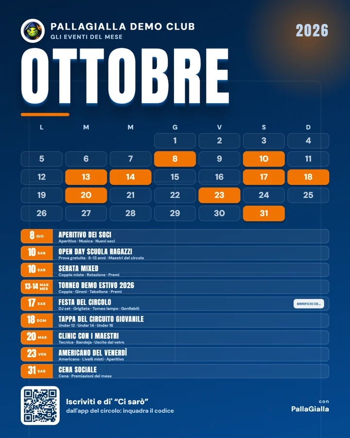 Locandina di ottobre del circolo demo in formato post: calendario del mese con i giorni degli eventi in arancione e i 9 eventi in elenco, con il codice per scaricare l'app