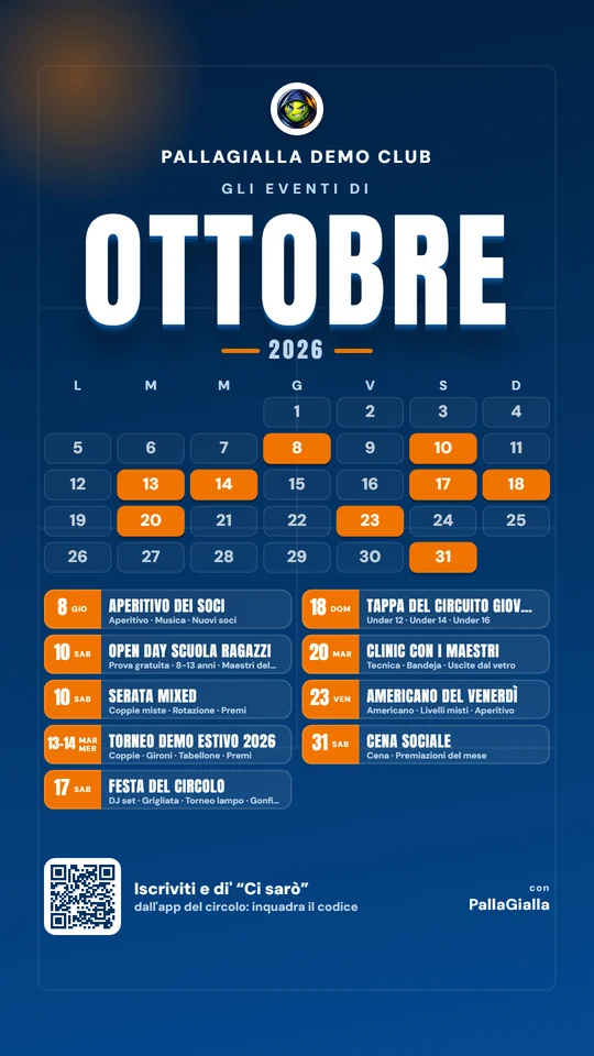 Locandina di ottobre del circolo demo in formato storia: logo del circolo, calendario e gli eventi del mese su due colonne
