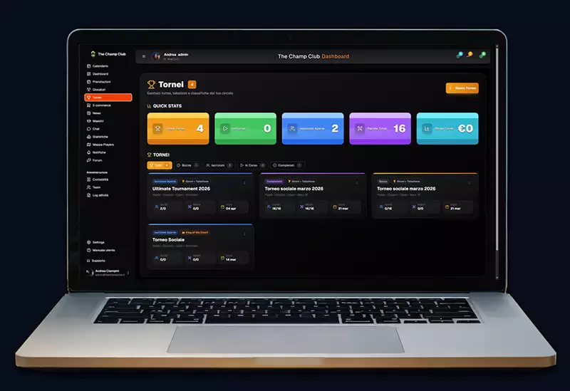 Dashboard Tornei di PallaGialla aperta su un laptop: quick stats e lista tornei in vari stati (Iscrizioni Aperte, Completato, In Corso)