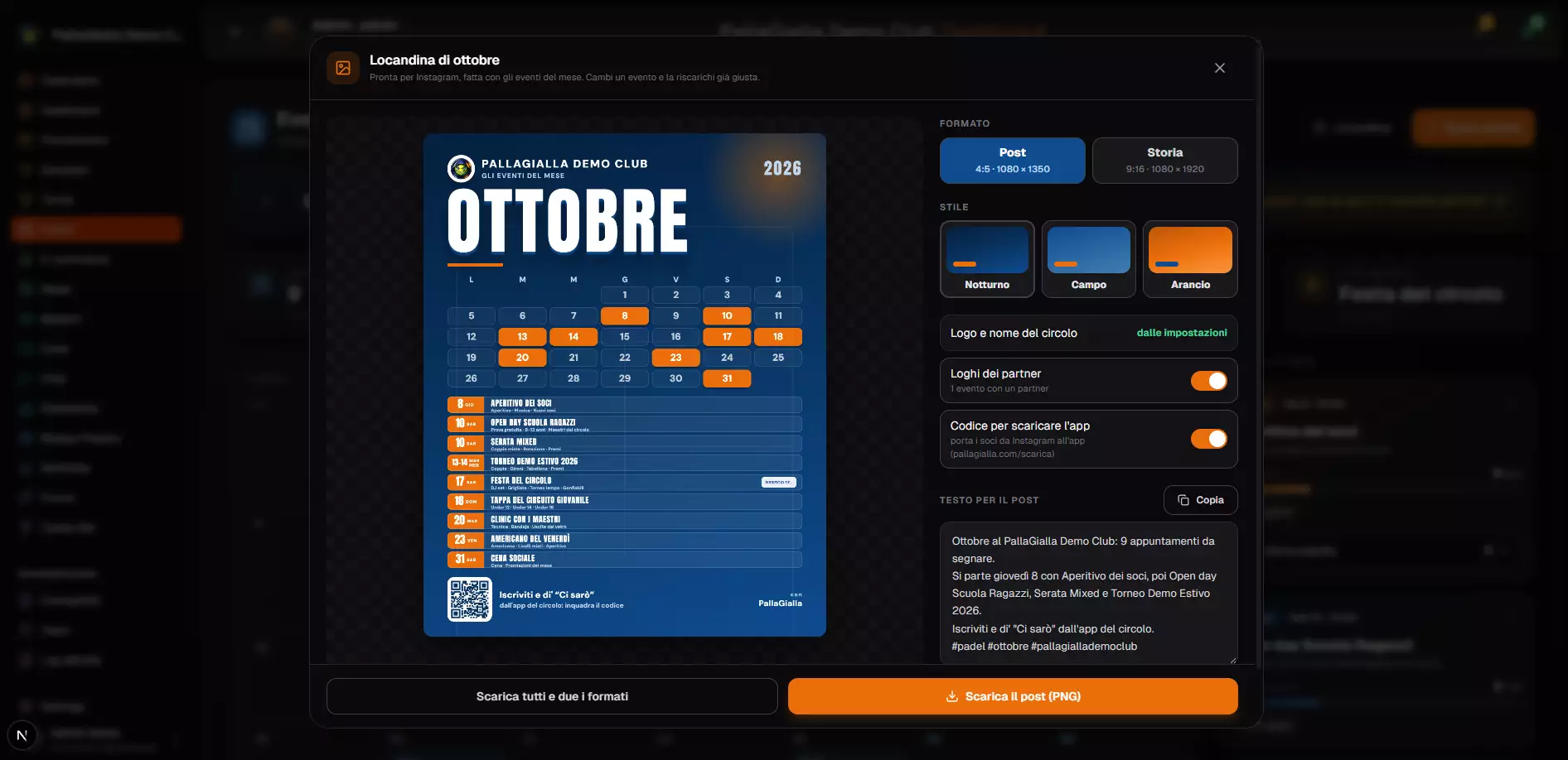 Finestra Locandina di ottobre nel pannello: anteprima del post con il calendario e i 9 eventi del mese, scelta di formato e stile, loghi, codice per l'app e testo del post
