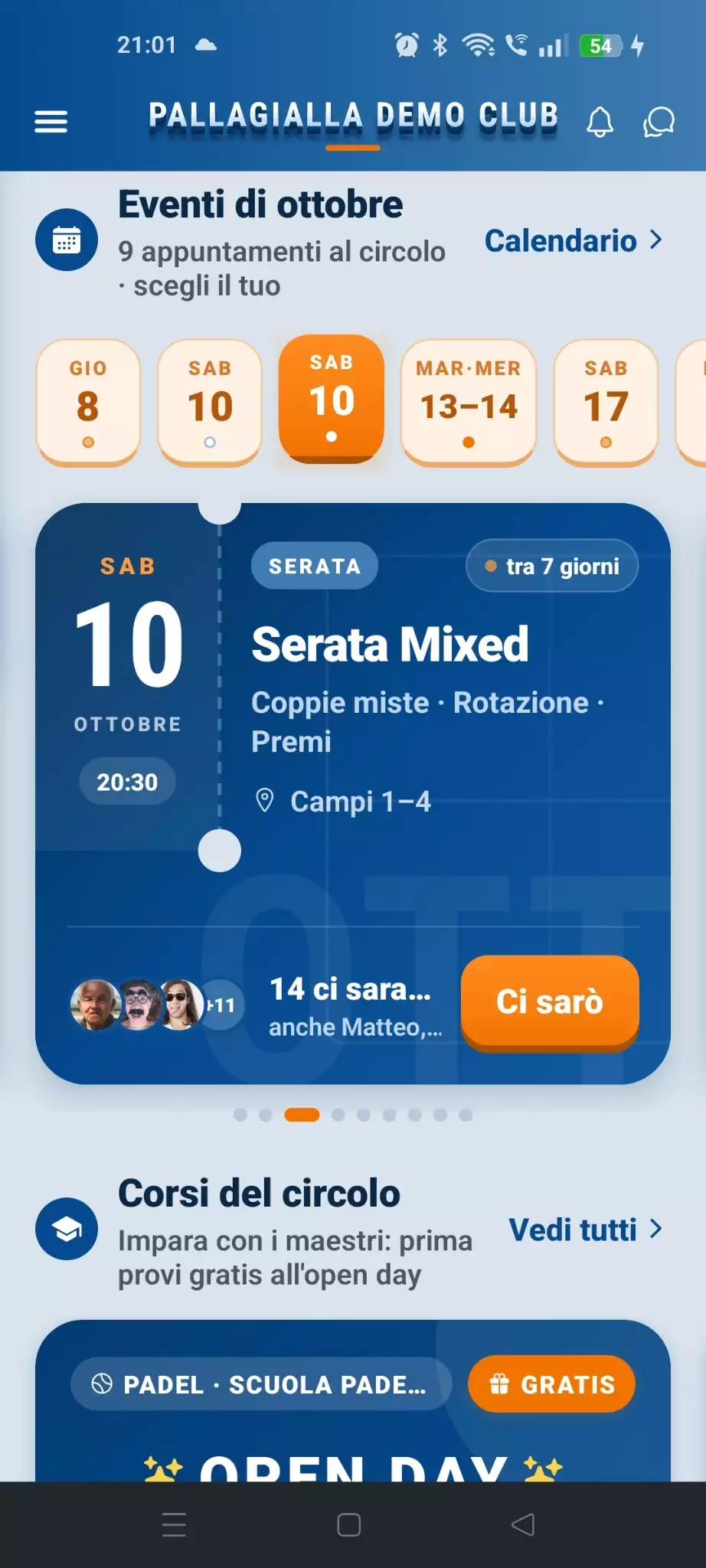 Home dell'app del circolo con la card Eventi di ottobre: le date del mese, il biglietto della Serata Mixed di sabato 10 alle 20:30, 14 ci saranno e il tasto Ci sarò