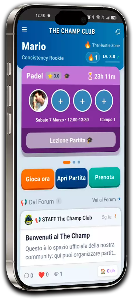 Card Lezione-Partita nella Home dell'app PallaGialla — viola distintivo, badge dedicato, posti vuoti, timer countdown